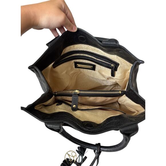 Johnston & Murphy Black Leather Tote Bag Purse Gold Logo Charm | Large Interior - Picture 6 of 8